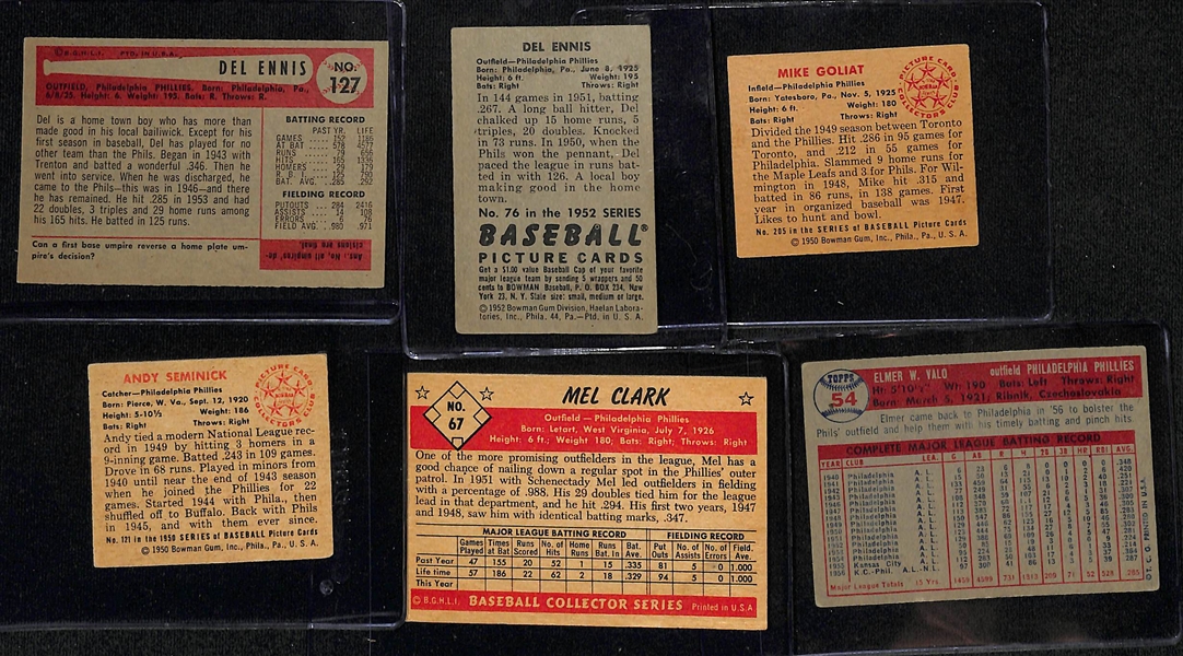 Lot of (6) Signed 1950s Phillies Cards including 1954 Bowman Del Ennis, 1952 Bowman Del Ennis, 1950 Bowman Mike Goliat, + (Beckett BAS Reviewed)