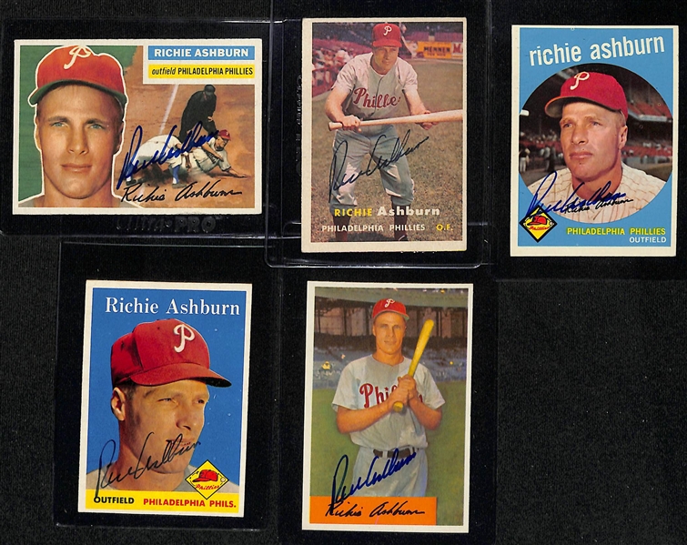 Lot of (5) Signed 1950s Richie Ashburn Cards - 1956 Topps, 1957 Topps, 1959 Topps, 1958 Topps, 1954 Bowman (Beckett BAS Reviewed)