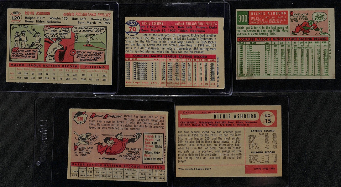 Lot of (5) Signed 1950s Richie Ashburn Cards - 1956 Topps, 1957 Topps, 1959 Topps, 1958 Topps, 1954 Bowman (Beckett BAS Reviewed)