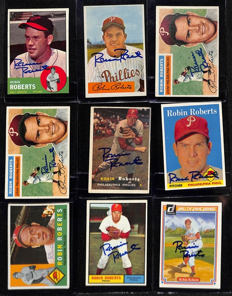 Lot of (9) Signed Robin Roberts Cards - 1963 Topps, 1954 Bowman, (2) 1956 Topps, 1957 Topps, 1958 Topps, 1960 Topps, 1961 Topps, 1983 Donruss  (Beckett BAS Reviewed)