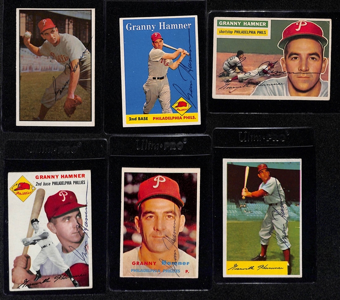 Lot of (6) Signed 1950s Granny Hamner Cards - 1953 Bowman, 1958 Topps, 1954 Topps, 1956 Topps, 1957 Topps, 1954 Bowman (Beckett BAS Reviewed)