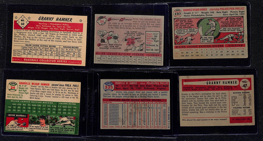 Lot of (6) Signed 1950s Granny Hamner Cards - 1953 Bowman, 1958 Topps, 1954 Topps, 1956 Topps, 1957 Topps, 1954 Bowman (Beckett BAS Reviewed)