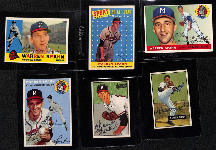 Lot of (6) Signed 1950s Warren Spahn Cards - 1960 Topps, 1958 Topps, 1955 Topps, 1954 Topps, 1952 Bowman, 1951 Bowman (Beckett BAS Reviewed)