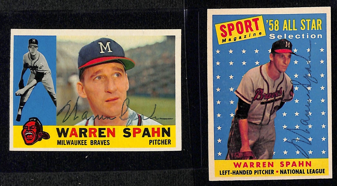 Lot of (6) Signed 1950s Warren Spahn Cards - 1960 Topps, 1958 Topps, 1955 Topps, 1954 Topps, 1952 Bowman, 1951 Bowman (Beckett BAS Reviewed)