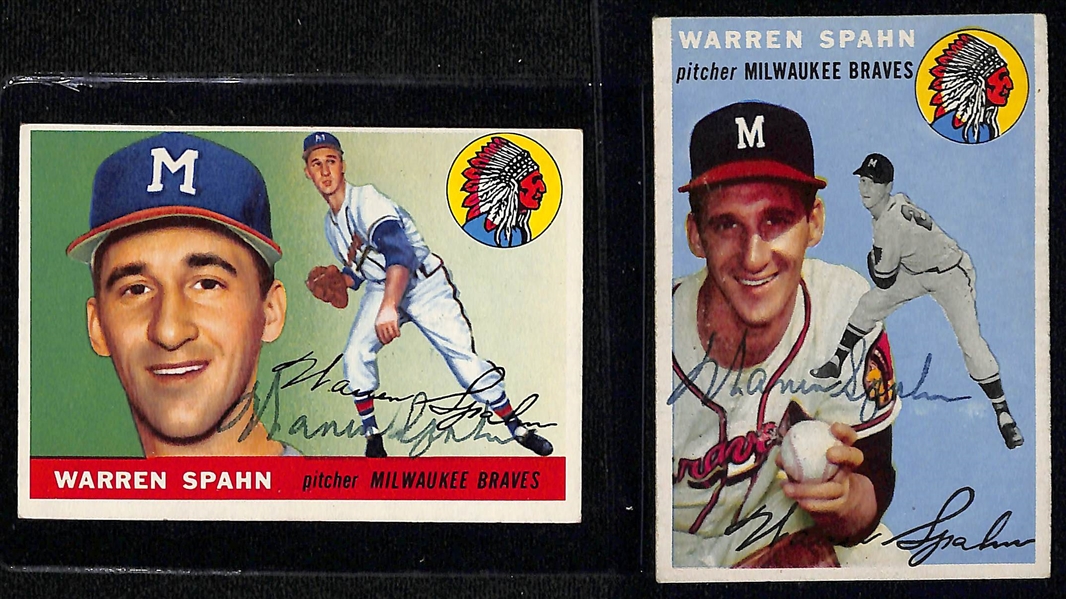 Lot of (6) Signed 1950s Warren Spahn Cards - 1960 Topps, 1958 Topps, 1955 Topps, 1954 Topps, 1952 Bowman, 1951 Bowman (Beckett BAS Reviewed)