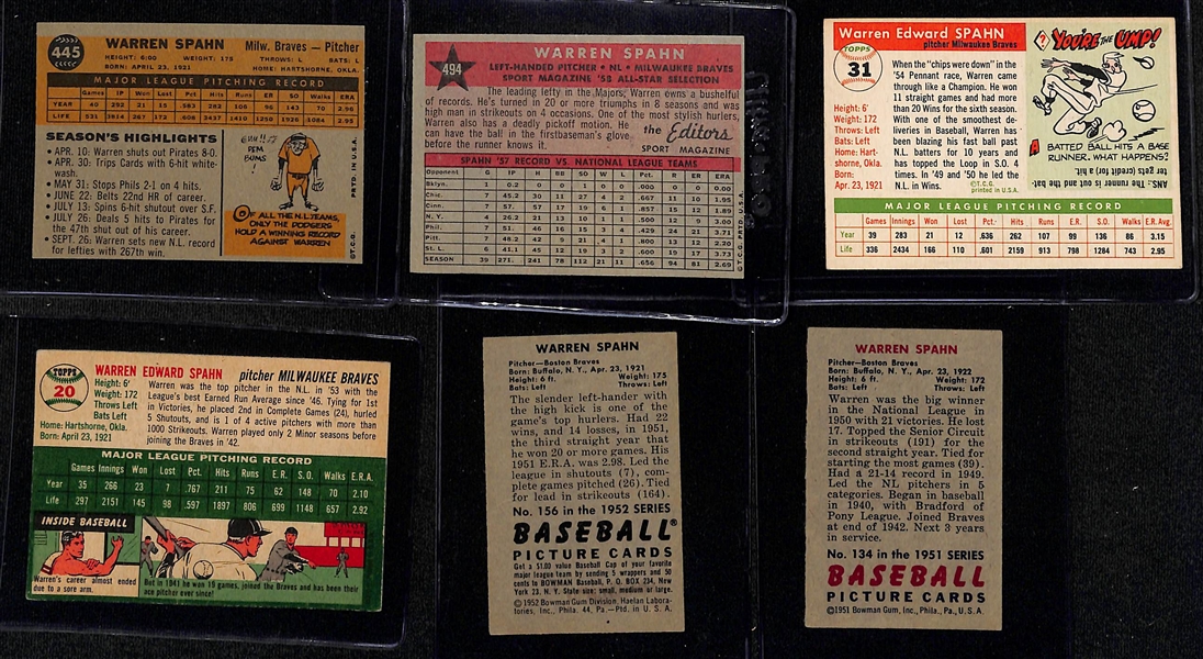 Lot of (6) Signed 1950s Warren Spahn Cards - 1960 Topps, 1958 Topps, 1955 Topps, 1954 Topps, 1952 Bowman, 1951 Bowman (Beckett BAS Reviewed)