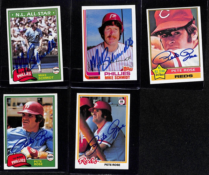 Lot of (5) Signed Mike Schmidt and Pete Rose Cards - 1981 Topps Schmidt, 1982 Topps Schmidt, 1976 Topps Rose, 1981 Topps Rose, 1978 Topps Rose (Beckett BAS Reviewed)