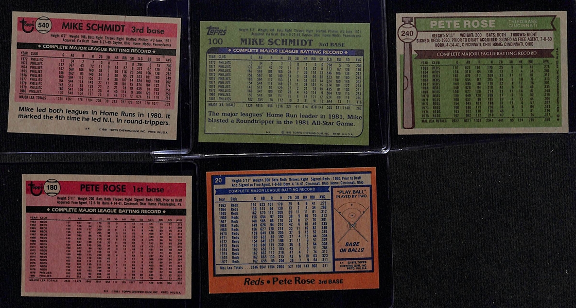 Lot of (5) Signed Mike Schmidt and Pete Rose Cards - 1981 Topps Schmidt, 1982 Topps Schmidt, 1976 Topps Rose, 1981 Topps Rose, 1978 Topps Rose (Beckett BAS Reviewed)