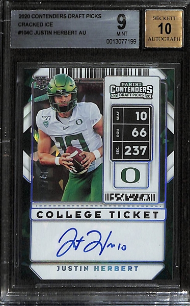 2020 Contenders Draft Picks Justin Herbert Rookie Autograph Cracked Ice Graded BGS 9 (10 Auto) (#/23)