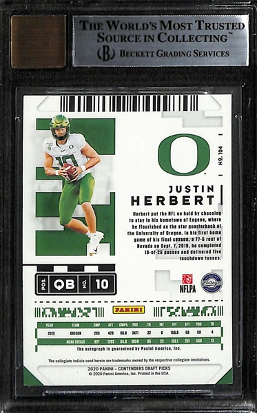 2020 Contenders Draft Picks Justin Herbert Rookie Autograph Cracked Ice Graded BGS 9 (10 Auto) (#/23)