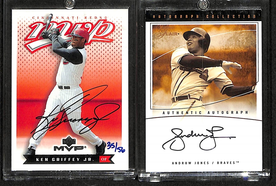 Lot of (2) 2004 Baseball Autographs - SP Authentic Ken Griffey Jr MVP Buyback (#/56), Fleer Andruw Jones (#/163)