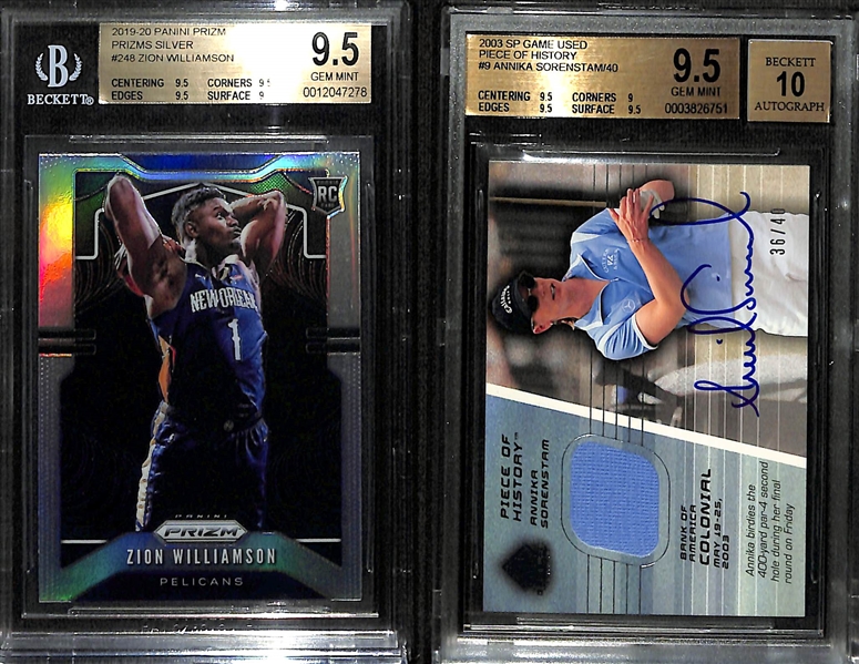 Lot of (2) BGS Graded Rookie Cards- 2019-20 Prizm Zion Williamson Silver (BGS 9.5), 2003 SP Game Used Annika Sorenstam Patch Autograph (#/40) (BGS 9.5) (10 Auto)