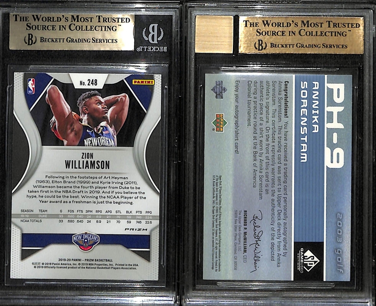 Lot of (2) BGS Graded Rookie Cards- 2019-20 Prizm Zion Williamson Silver (BGS 9.5), 2003 SP Game Used Annika Sorenstam Patch Autograph (#/40) (BGS 9.5) (10 Auto)