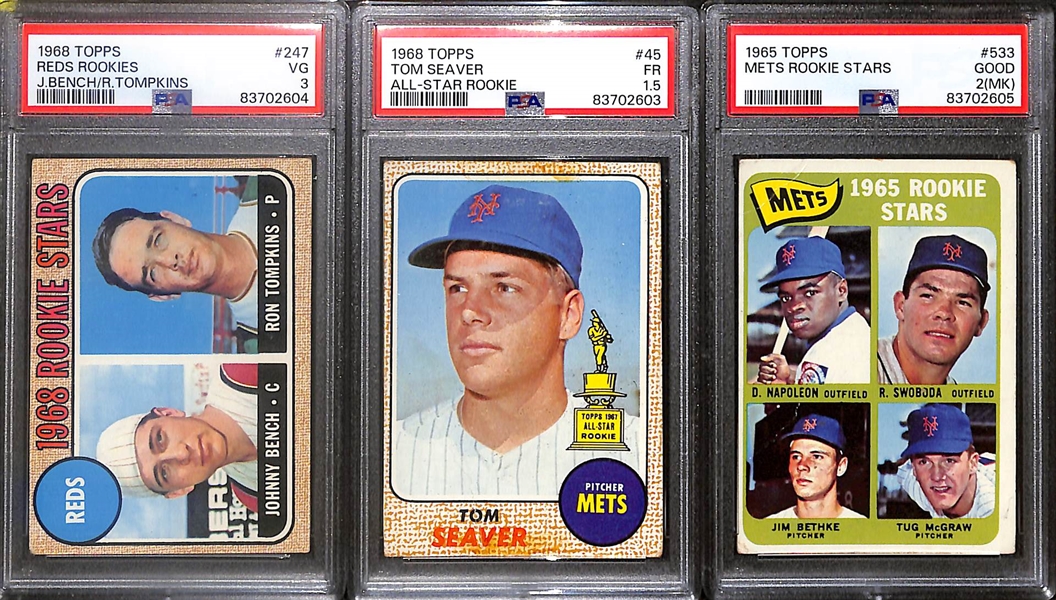 Lot of (3) Vintage Topps Cards - 1968 Johnny Bench Rookie (PSA 3), 1968 Tom Seaver (PSA 1.5), 1965 Tug McGraw Rookie (PSA 2MK)