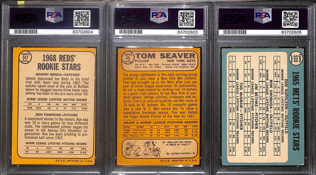 Lot of (3) Vintage Topps Cards - 1968 Johnny Bench Rookie (PSA 3), 1968 Tom Seaver (PSA 1.5), 1965 Tug McGraw Rookie (PSA 2MK)