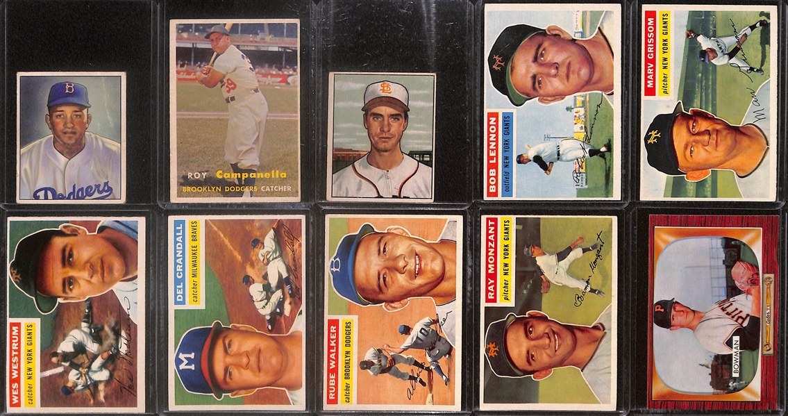 Lot of (10) 1950s Baseball Cards including 1950 Bowman Don Newcombe, 1957 Topps Roy Campanella, 1950 Bowman Billy DeMars, and more