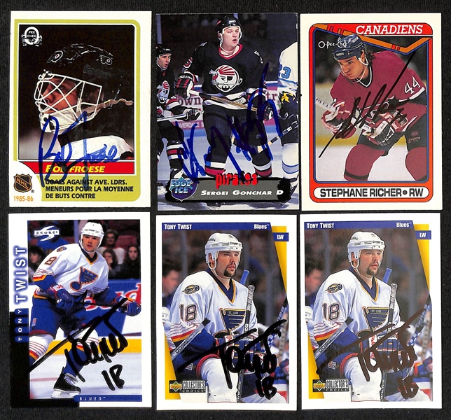 Lot of (450+) Signed Hockey Cards including Chris Shelios, Ed Belfour, Bryan Trottier, Theoren Fleury, and more (Beckett BAS Reviewed)