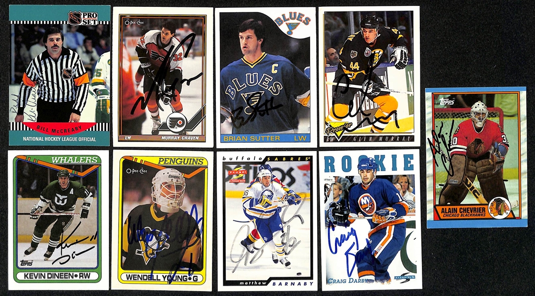 Lot of (450+) Signed Hockey Cards including Chris Shelios, Ed Belfour, Bryan Trottier, Theoren Fleury, and more (Beckett BAS Reviewed)