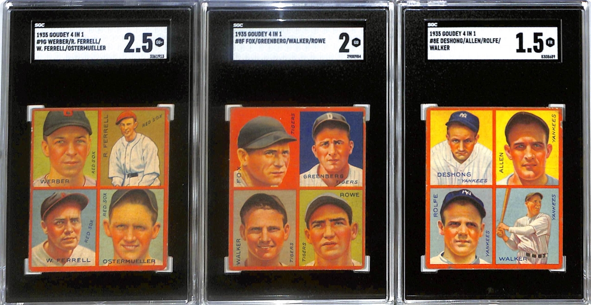 Lot of (3) Graded 1935 Goudey 4 in 1 Cards w. Hank Greenberg, Red Rolfe, Rick Ferrell, +