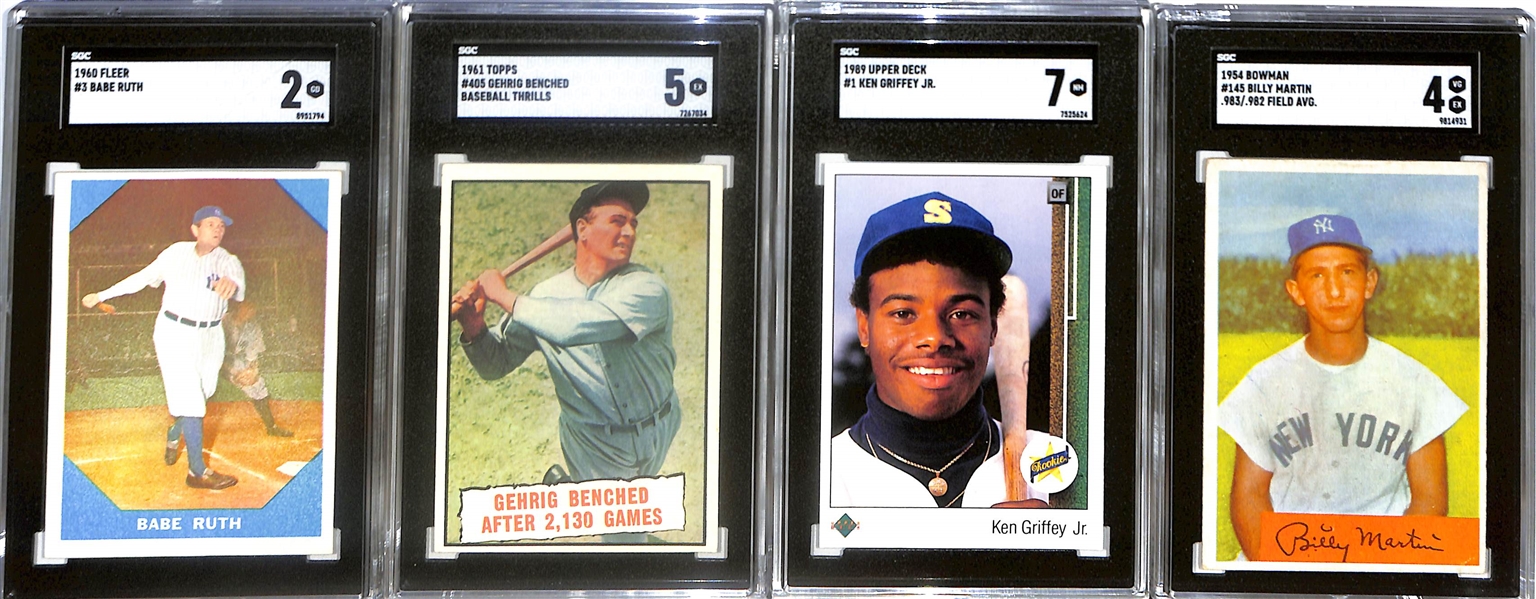 (7) Graded Baseball Cards - 1960 Fleer Babe Ruth (SGC 2), 1961 Topps Gehrig (SGC 5), 1989 UD Griffey Jr. (SGC 7), 1954 Bowman B. Martin (SGC 4), 1955 Bowman W. Ford (SGC 6.5), 1961 Topps E. Mathews...