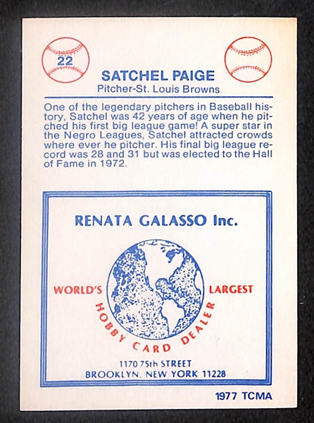 Signed Satchel Paige 1977 TCMA Renta Galasso Card (Beckett BAS Reviewed)