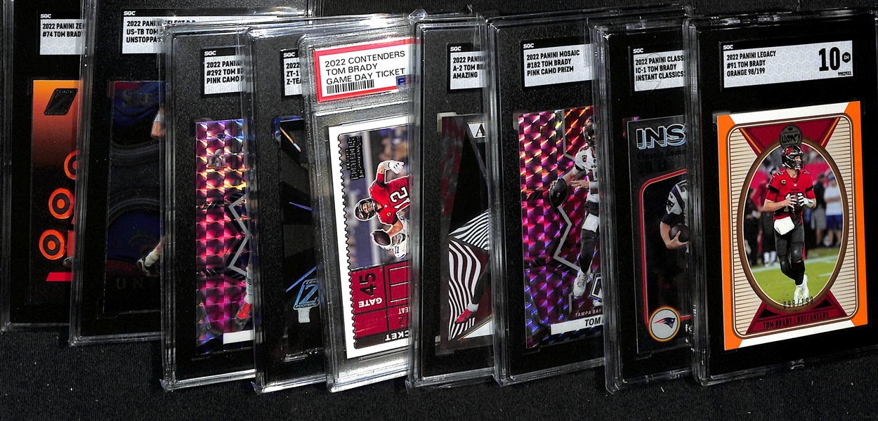 Lot of (9) Graded 2022 Tom Brady Cards w. Panini Legacy Orange (#/199) & Panini Classics Instant Classics SGC 10. 