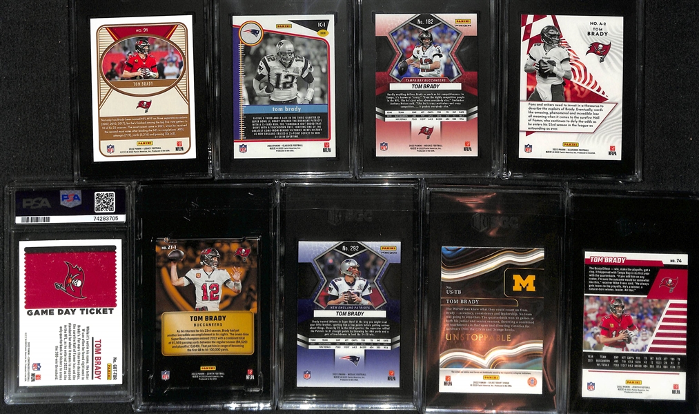 Lot of (9) Graded 2022 Tom Brady Cards w. Panini Legacy Orange (#/199) & Panini Classics Instant Classics SGC 10. 