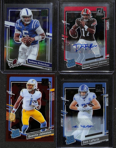 Lot of (16) 2023 Clearly Donruss Rated Rookie Cards inc. Anthony Richardson (#/49), Dorian Thompson-Robinson Autograph, Sam Laporta Autograph, +