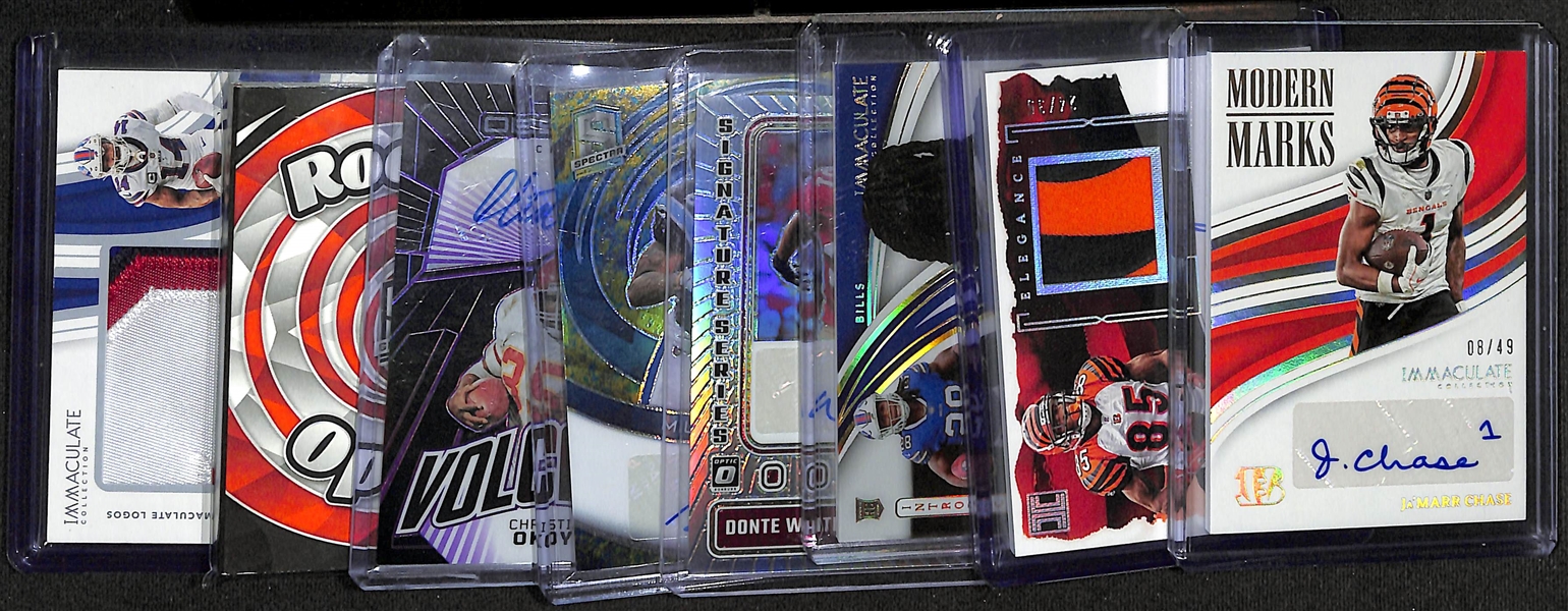 Lot of (8) Football Autograph and Jersey Cards inc. 2023 Immaculate Ja'Marr Chase Autograph (#/49), 2023 Impeccable Chad Johnson Autograph Patch (#/35), 2022 Immaculate James Cook Rookie Autograph...