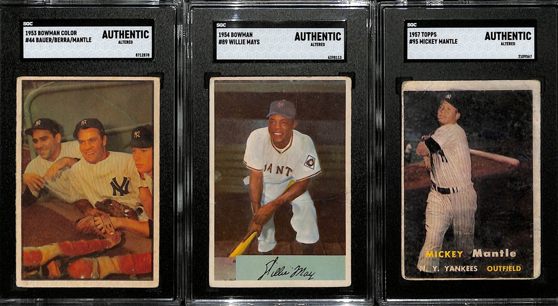 Lot of (3) 1950s Graded Authentic Star Cards w. 1957 Topps Mantle, 1953 Bowman Bauer/Berra/Mantle, & 1954 Bowman Mays - SGC