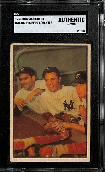 Lot of (3) 1950s Graded Authentic Star Cards w. 1957 Topps Mantle, 1953 Bowman Bauer/Berra/Mantle, & 1954 Bowman Mays - SGC