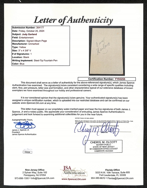 Judy Garland (The Wizard of Oz) Signed Cardboard Cut (Full JSA Letter of Authenticity)