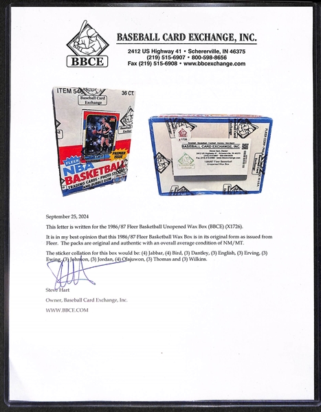 1986-87 Fleer Basketball Unopened Wax Box (Original Box & Packs as Issued By Fleer) - Includes (3) Michael Jordan Rookie Stickers - BBCE Sealed and Letter of Authenticity - High Graded & Original...