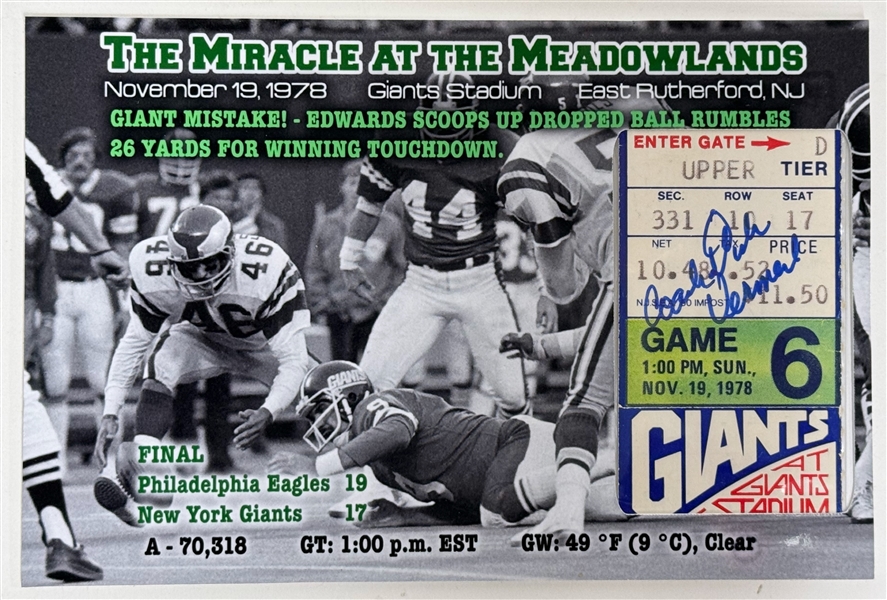 The Miracle At The Meadowlands Herman Edwards Autographed 16 x 20 Framed Photo w. Coach Dick Vermeil Autographed Game Ticket (+JSA Auction Letter)