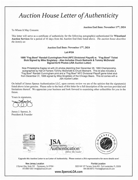 1988 Fog Bowl Randall Cunningham Print (NFC Divisional Playoff) w.  Fog Bowl Ticket Stub Signed by Mike Singletary - Also Includes Chuck Bednarik & Tommy McDonald Signed 8x10 Photos (JSA...