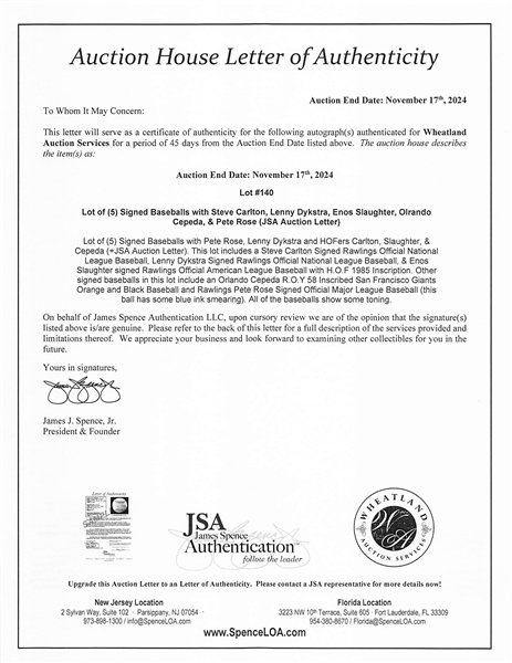 Lot of (5) Signed Baseballs with Steve Carlton, Lenny Dykstra, Enos Slaughter, Olrando Cepeda, & Pete Rose (JSA Auction Letter)