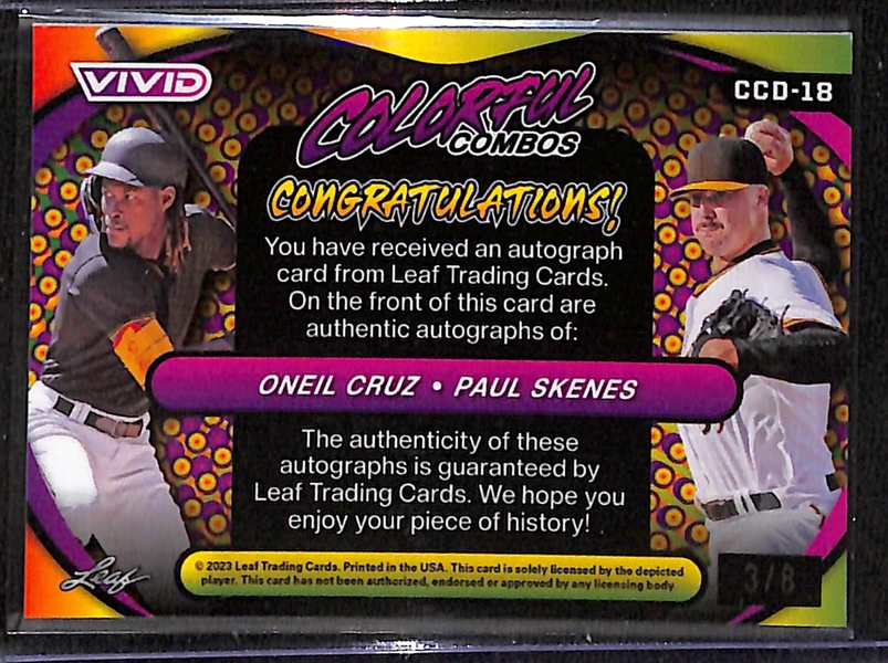 2023 Leaf Vivid Paul Skenes & Oneil Cruz Dual Autograph Rookie Card #3/8 (Pirates Superstar Rookies!)