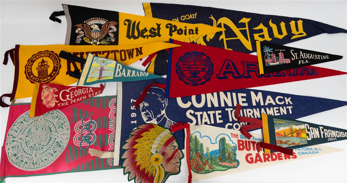 Lot of (36) Vintage Pennants w. Phillies Baseball, Eagles Football, West Point, & Various Others   