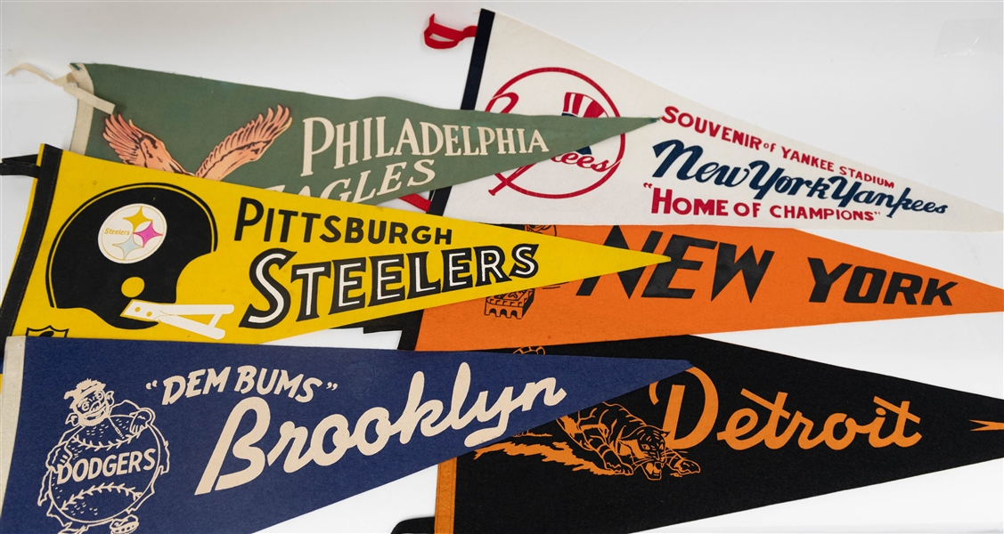 Lot of (36) Vintage Pennants w. Phillies Baseball, Eagles Football, West Point, & Various Others   