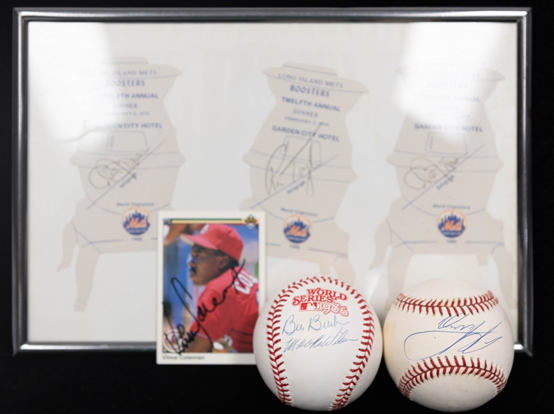 Lot of (7) Signed Baseball Memorabilia Items including Mike Piazza Ball, Mookie Wilson and Bill Buckner Ball, (2) Cleon Jones, Ron Taylor, and Vince Coleman Cards (Beckett BAS Reviewed)