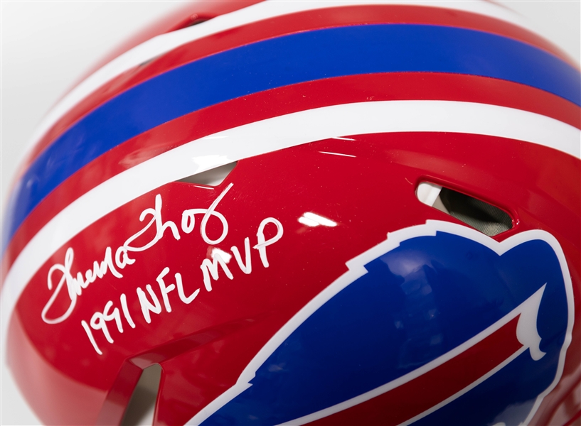 Thurman Thomas Buffalo Bills Authentic Throwback Signed Red Full Size Speed Helmet (1991 NFL MVP Inscription) Beckett BAS Witness Sticker of Authenticity