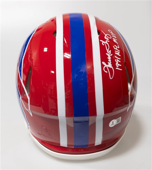 Thurman Thomas Buffalo Bills Authentic Throwback Signed Red Full Size Speed Helmet (1991 NFL MVP Inscription) Beckett BAS Witness Sticker of Authenticity