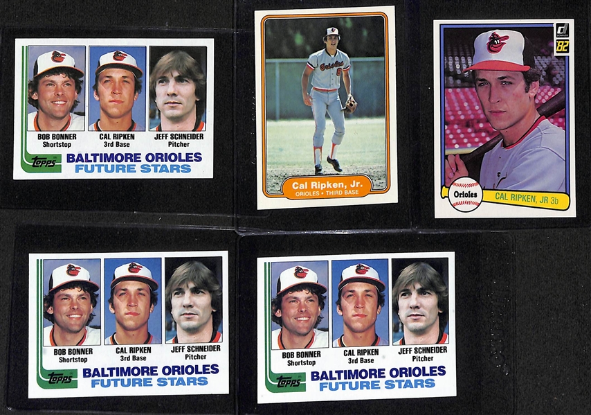 Lot of (5) 1982 Baseball Complete Sets with Cal Ripken Jr Rookie Cards- (3) Topps, Fleer, Donruss