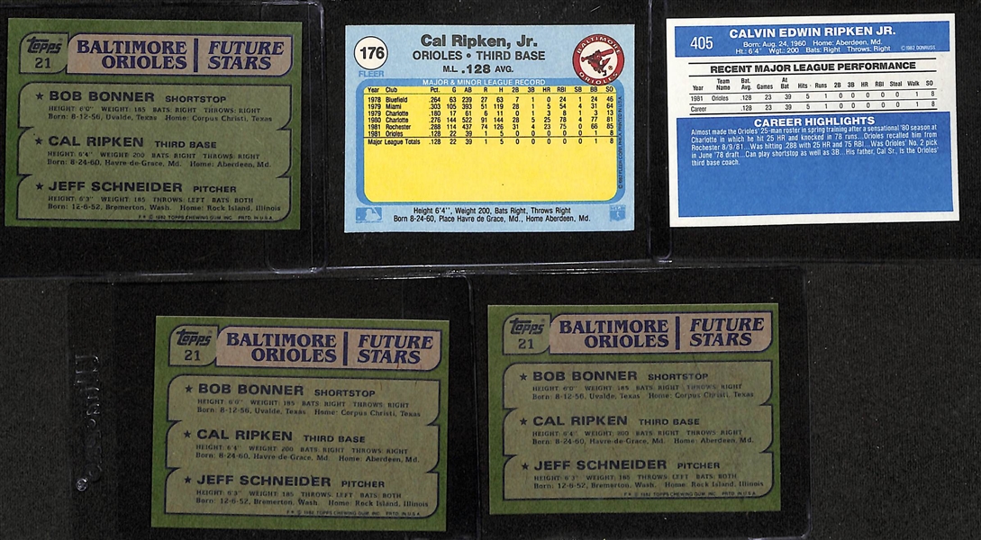 Lot of (5) 1982 Baseball Complete Sets with Cal Ripken Jr Rookie Cards- (3) Topps, Fleer, Donruss