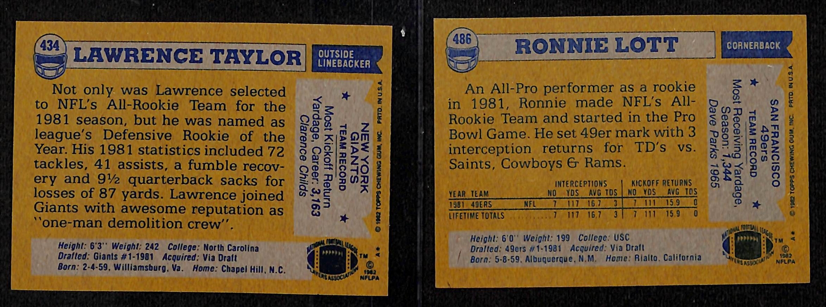 1982 Topps Football Complete Set with Taylor and Lott Rookie Cards