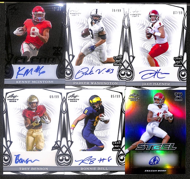 Lot of (18) 2023 Leaf Trinity Football Rookie Autograph Cards including Jahmyr Gibbs (#/10), Puka Nacua (#/99), Dalton Kincaid (#/7), Luke Schoonmaker (#/10), and more