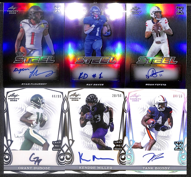 Lot of (18) 2023 Leaf Trinity Football Rookie Autograph Cards including Jahmyr Gibbs (#/10), Puka Nacua (#/99), Dalton Kincaid (#/7), Luke Schoonmaker (#/10), and more