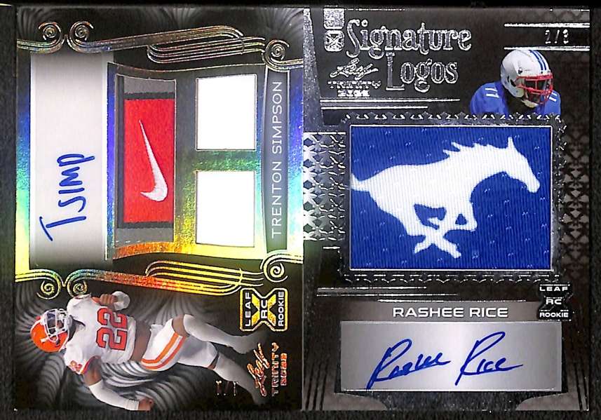 Lot of (6) 2023 Leaf Trinity Football Rookie Autographs including Trenton Simpson Nike Logo Patch (#/1), Rashee Rice SMU Logo Patch (#/3), Eli Holstein/Jalen Milroe Dual (#/25), and more