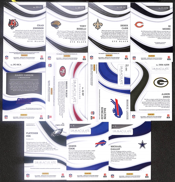 Lot of (11) 2023 Immaculate Football Cards including Chad Johnson Eye Black Jersey Autograph (#/49), Tony Boselli Eye Black Autograph (#/49), Derek Carr Eye Black Autograph (#/49), and more