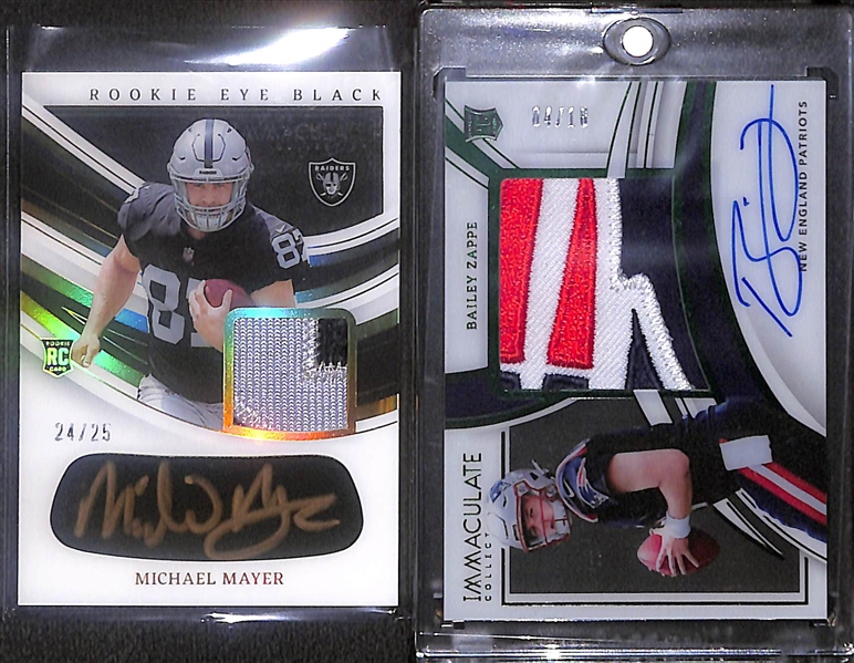 Lot of (4) Football Rookie Autographs- 2023 Immaculate Michael Mayer Eye Black Patch (#/25), 2022 Immaculate Bailey Zappe Patch (#/18), 2020 Immaculate Collegiate Chase Young Patch (#/49), 2020...